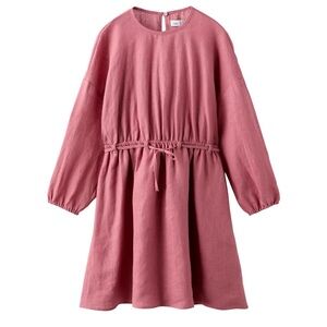Zara Kids Girls Cut Out Belted Long Sleeve Linen Dress in Dark Pink- Size 11-12Y
